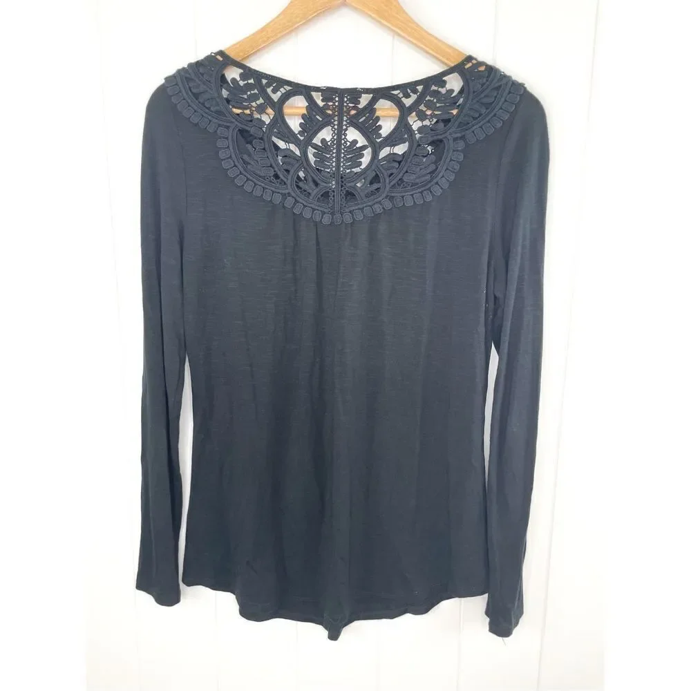 Anthropologie Meadow Rue Bobbin Crochet Lace Long Sleeve‎ Black Top Size Small